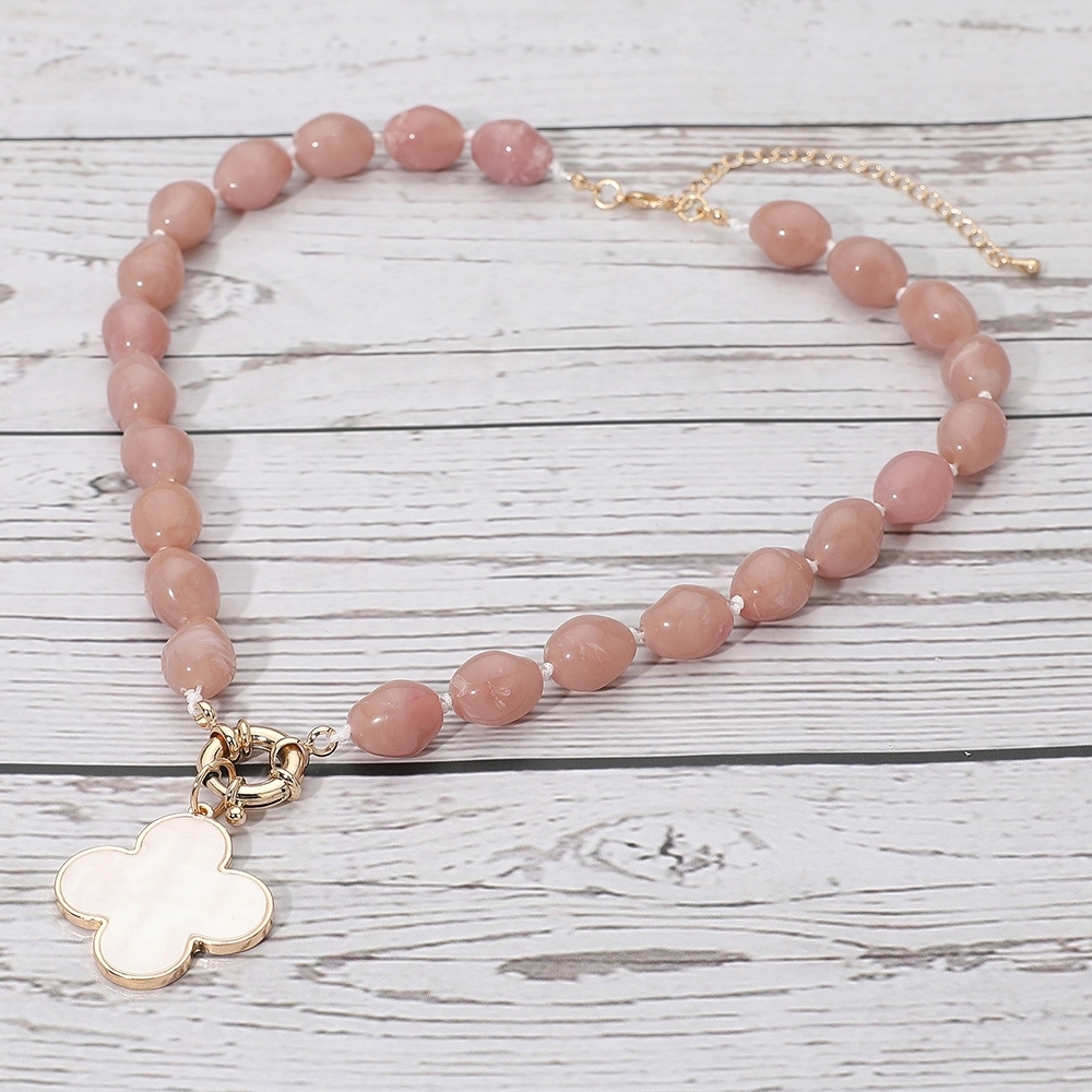 Pink Marble Pebble Beaded Mother Of Pearl Quatrefoil Clover Necklace Pendant